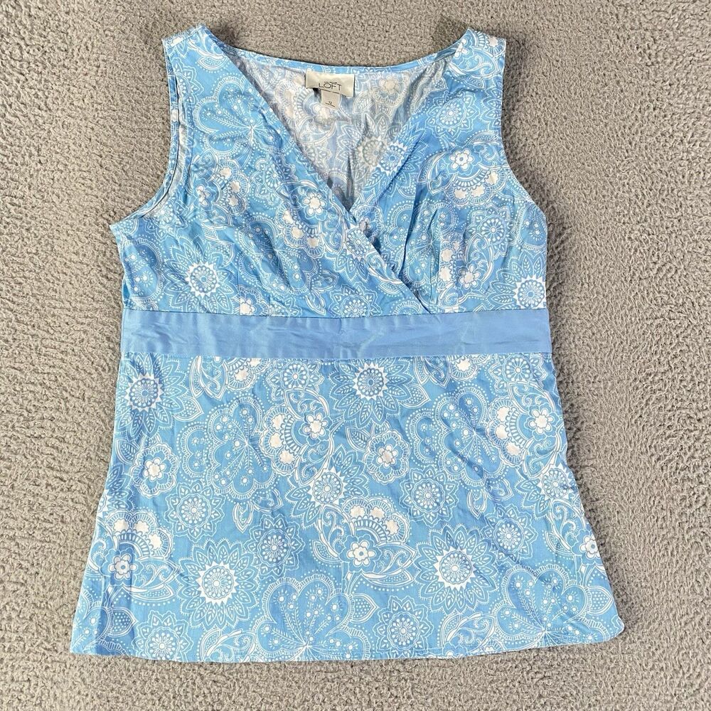 Ann Taylor Loft Top Womens 12 Blue Floral Sleeveless Y2K Babydoll Coastal Beach